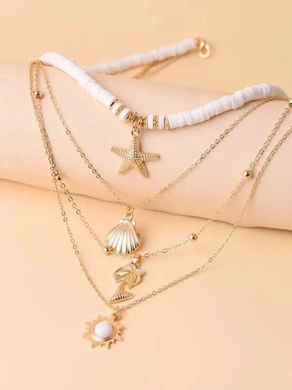 Layered Gold Chain Multi Strand Long Necklace, Multi Strand Boho Shell Charm Long Beach Necklace
