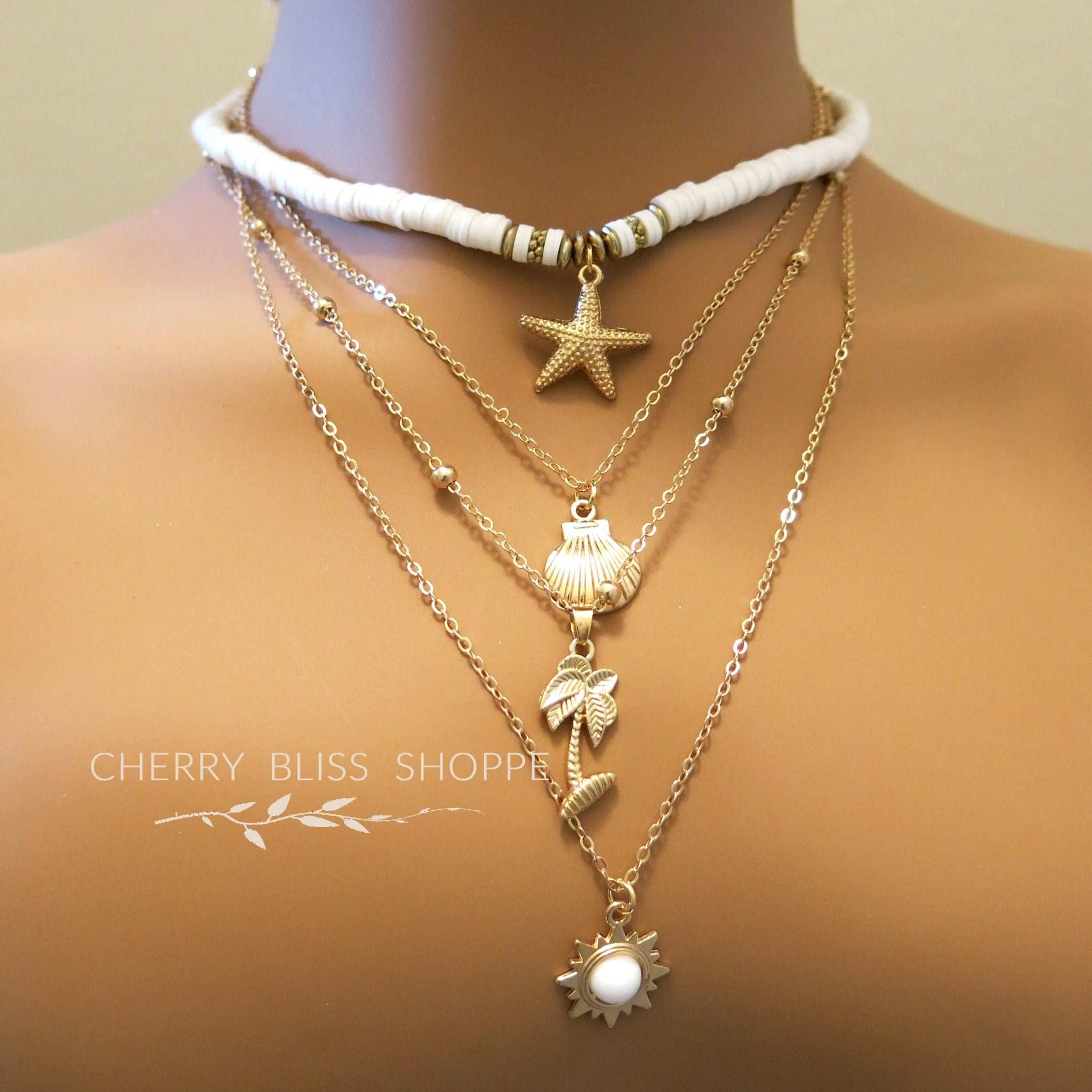 Layered Gold Chain Multi Strand Long Necklace, Multi Strand Boho Shell Charm Long Beach Necklace