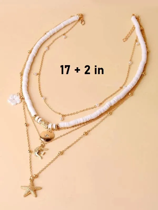 Layered Gold Chain Multi Strand Long Necklace, Multi Strand Boho Shell Charm Long Beach Necklace