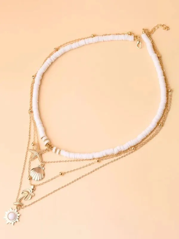 Layered Gold Chain Multi Strand Long Necklace, Multi Strand Boho Shell Charm Long Beach Necklace