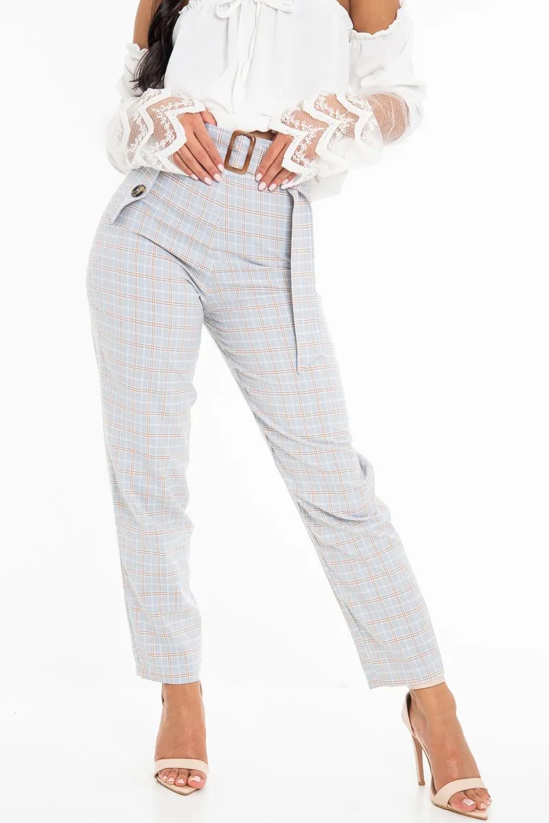 Light Blue and Brown Check Tapered Trousers - Caddy