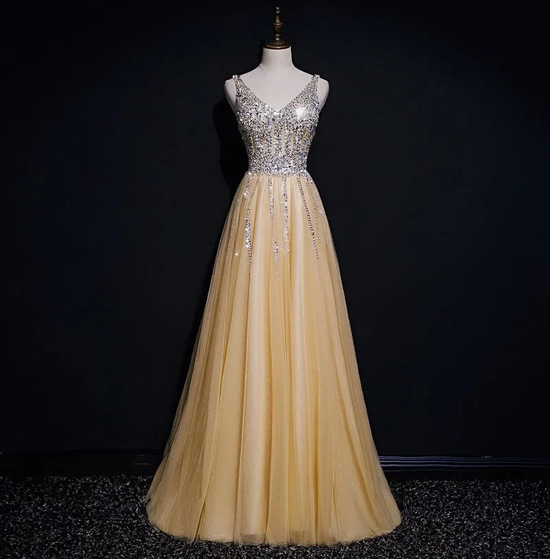 Light Champagne Sequins Shiny Tulle Long Prom Dress, Elegant Party Dress