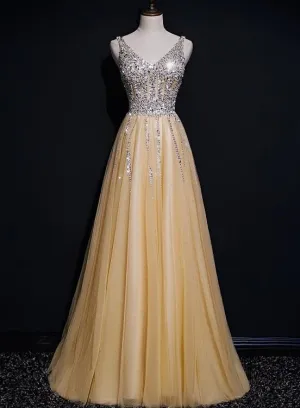 Light Champagne Sequins Shiny Tulle Long Prom Dress, Elegant Party Dress