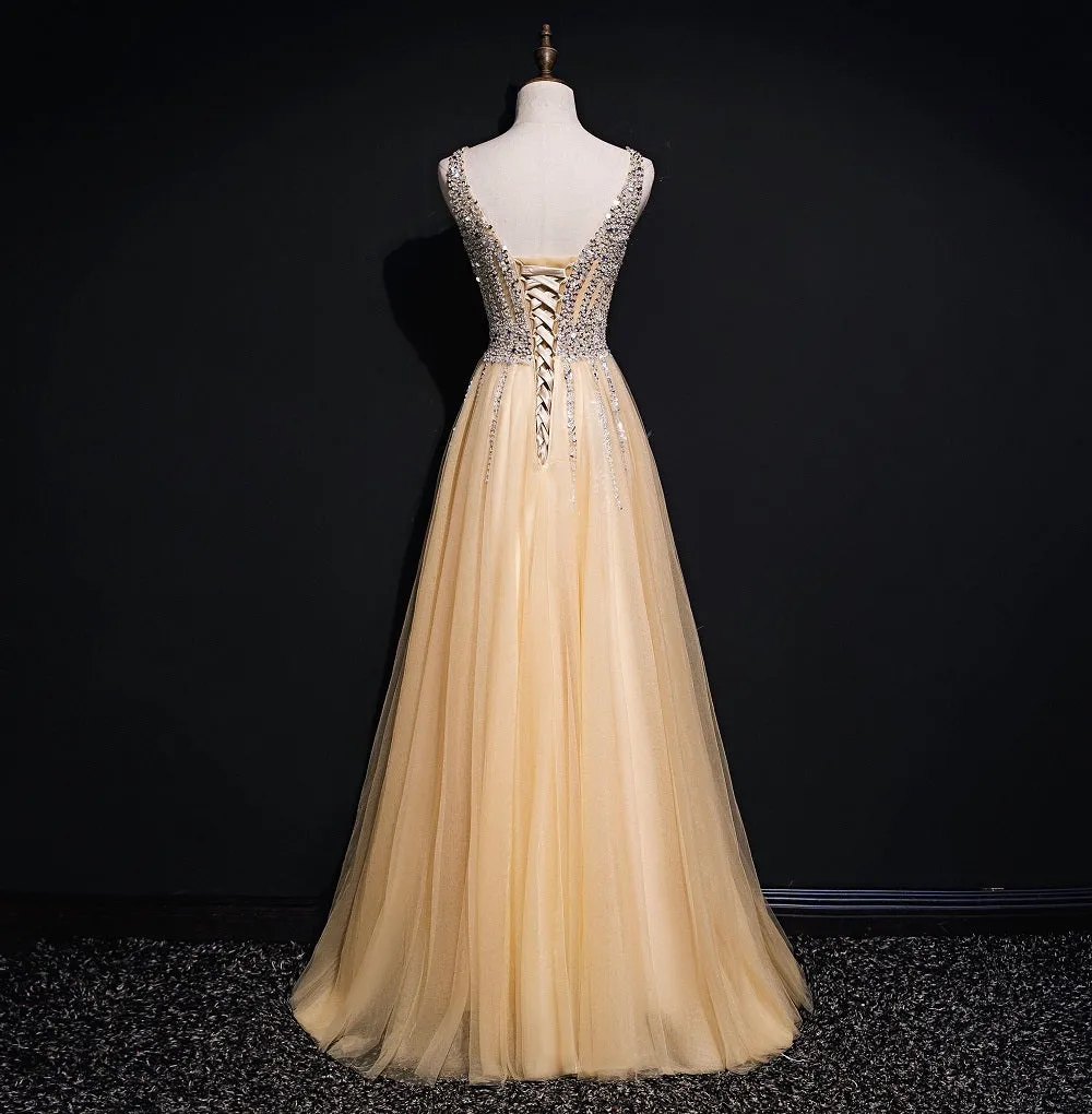 Light Champagne Sequins Shiny Tulle Long Prom Dress, Elegant Party Dress