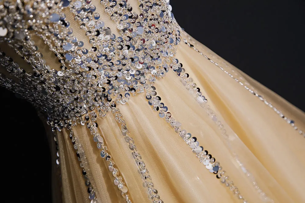 Light Champagne Sequins Shiny Tulle Long Prom Dress, Elegant Party Dress