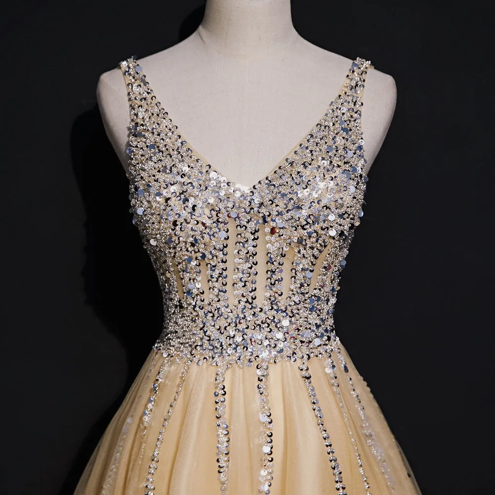 Light Champagne Sequins Shiny Tulle Long Prom Dress, Elegant Party Dress