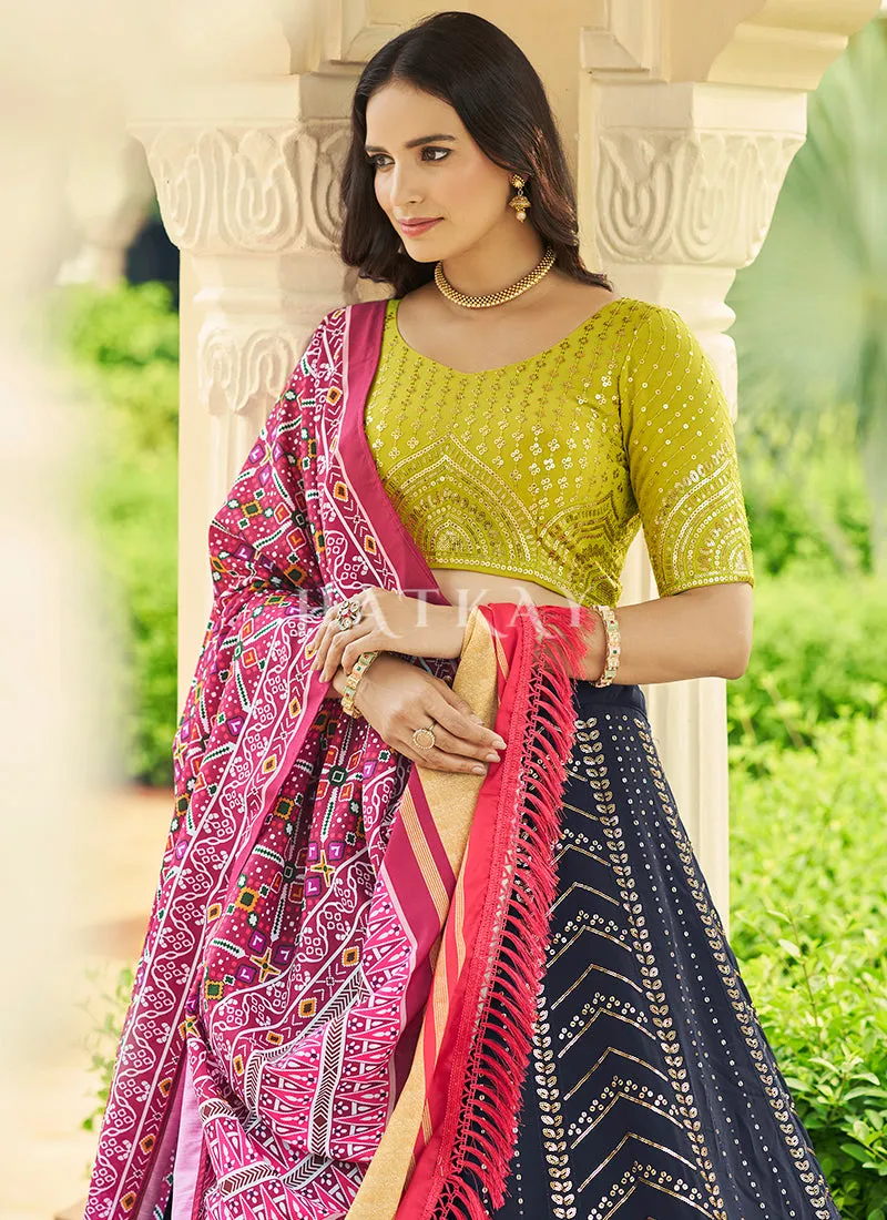Lime And Blue Sequence Embroidery Lehenga Choli