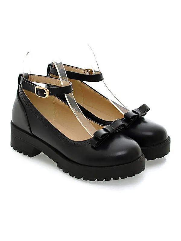 Lolita Shoes Burgundy Bows Round Toe PU Leather Ankle Strap Lolita Pump Shoes