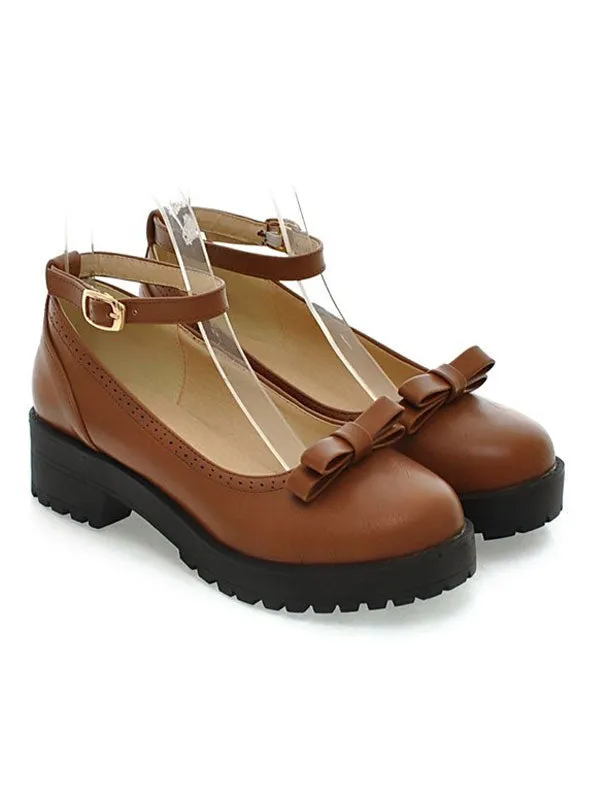 Lolita Shoes Burgundy Bows Round Toe PU Leather Ankle Strap Lolita Pump Shoes