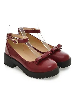 Lolita Shoes Burgundy Bows Round Toe PU Leather Ankle Strap Lolita Pump Shoes