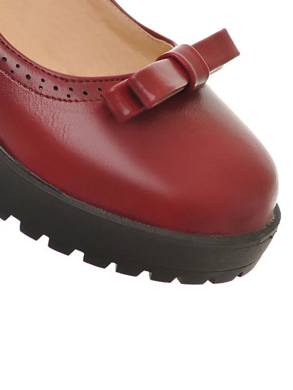 Lolita Shoes Burgundy Bows Round Toe PU Leather Ankle Strap Lolita Pump Shoes