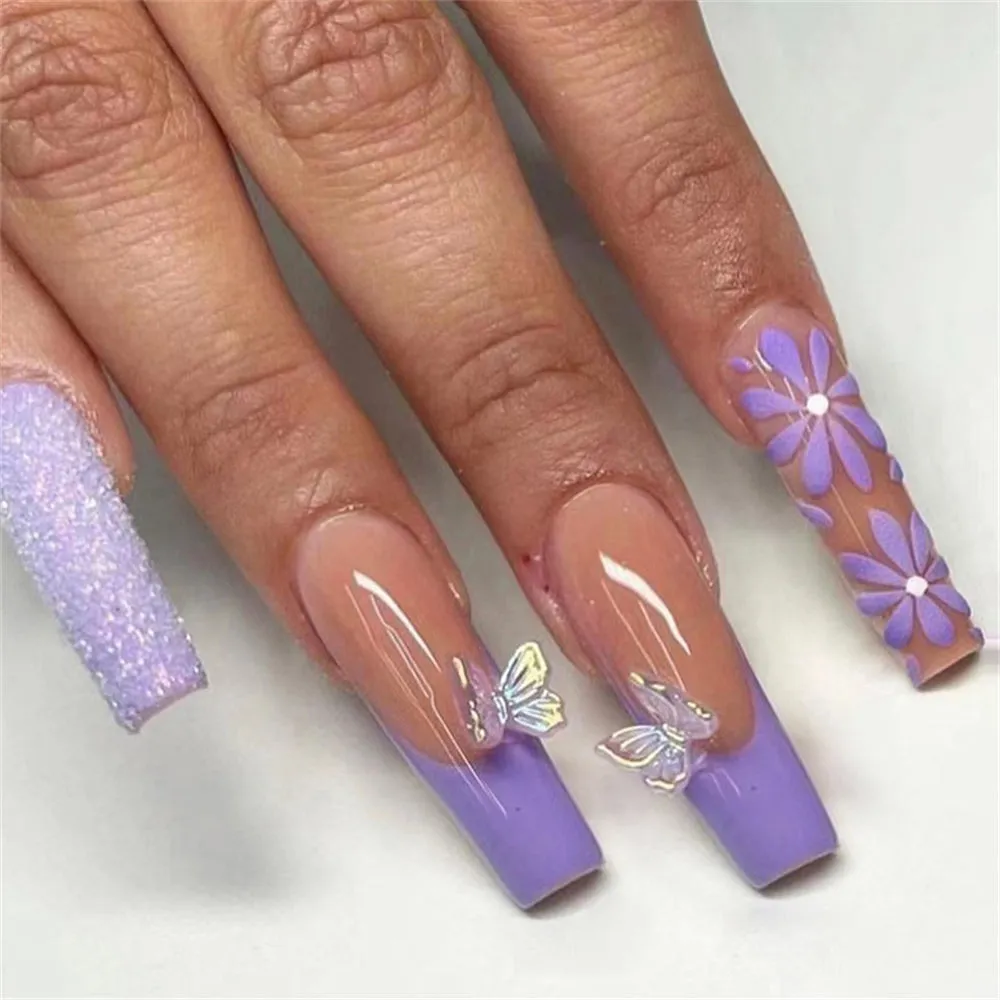 Long Coffin Glittering Flower Purple