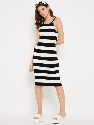 Madame Black And White Striped Print Cami-Neckline Knit  Dress
