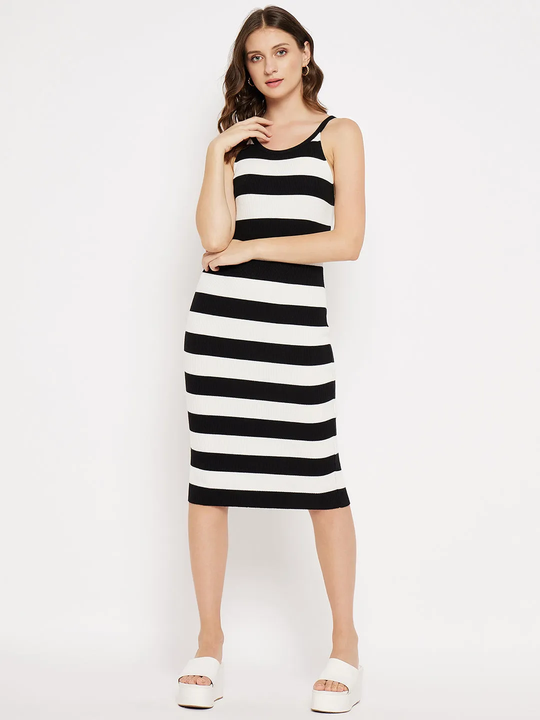Madame Black And White Striped Print Cami-Neckline Knit  Dress