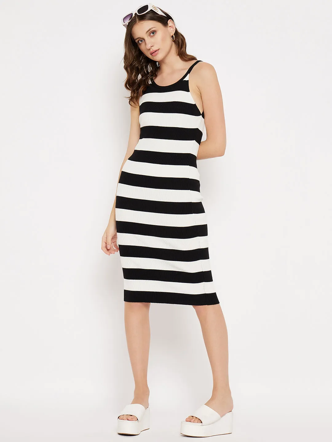 Madame Black And White Striped Print Cami-Neckline Knit  Dress
