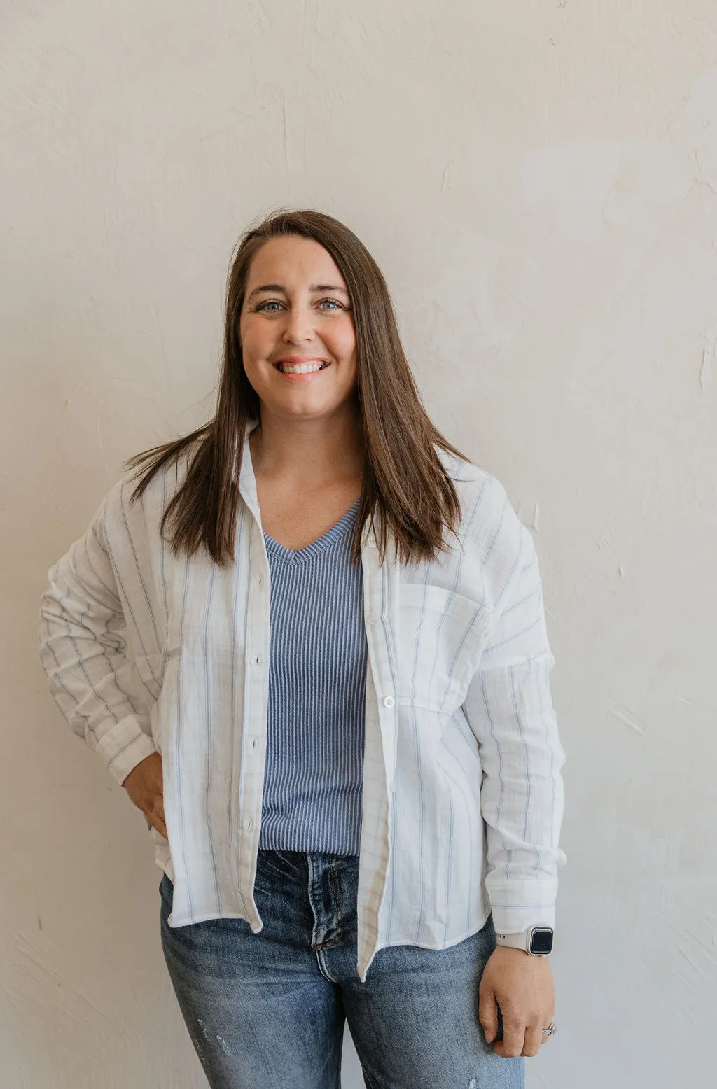 MARLOW IVORY & CHAMBRAY STRIPED BUTTON DOWN TOP