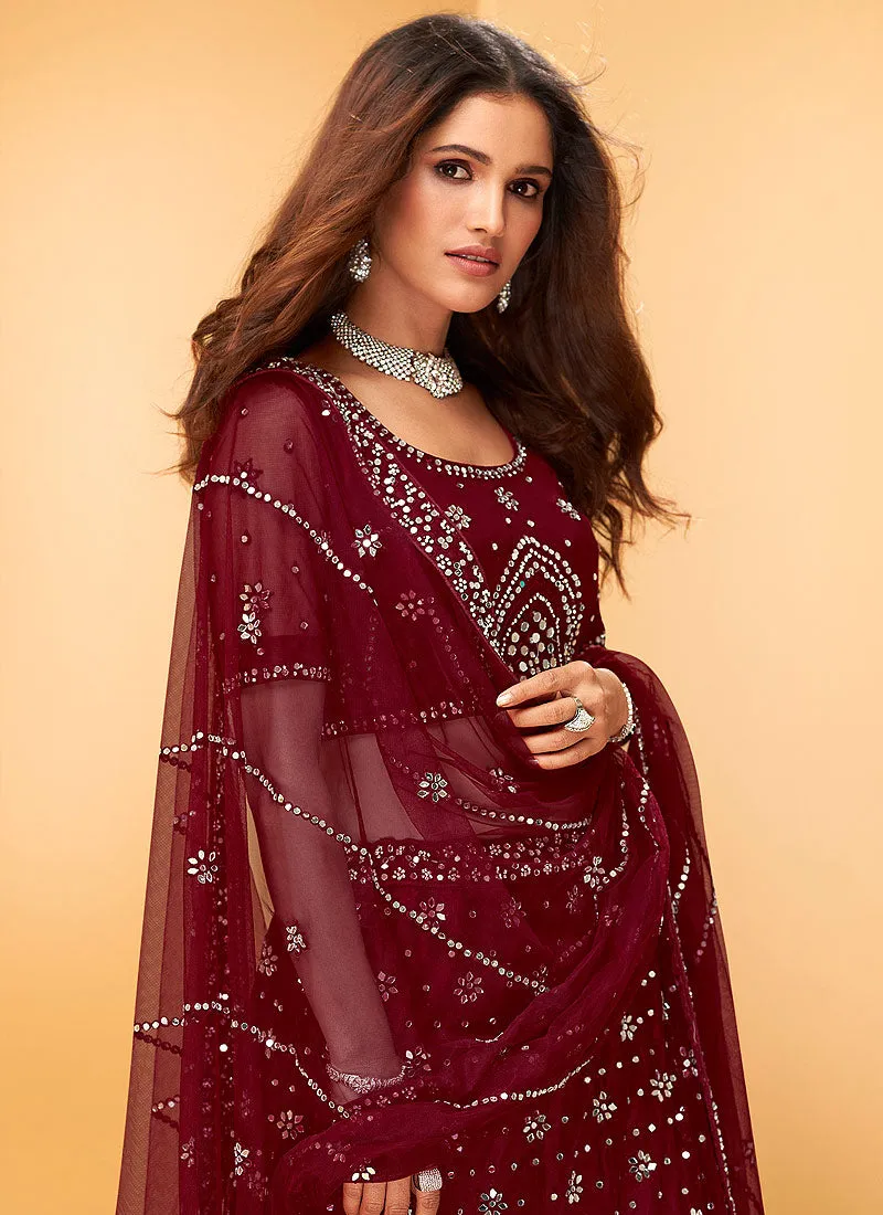 Maroon Mirror Work Embroidered Wedding Lehenga Choli