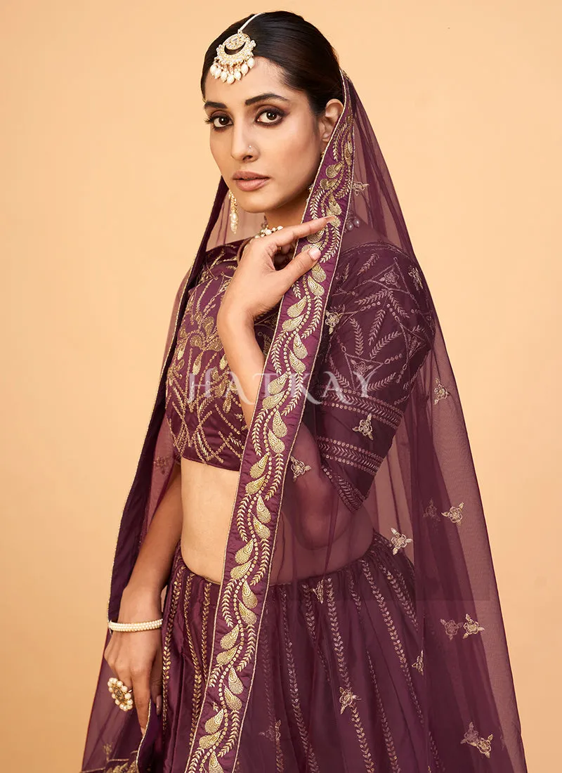 Maroon Sequence Embroidered Wedding Silk Lehenga Choli