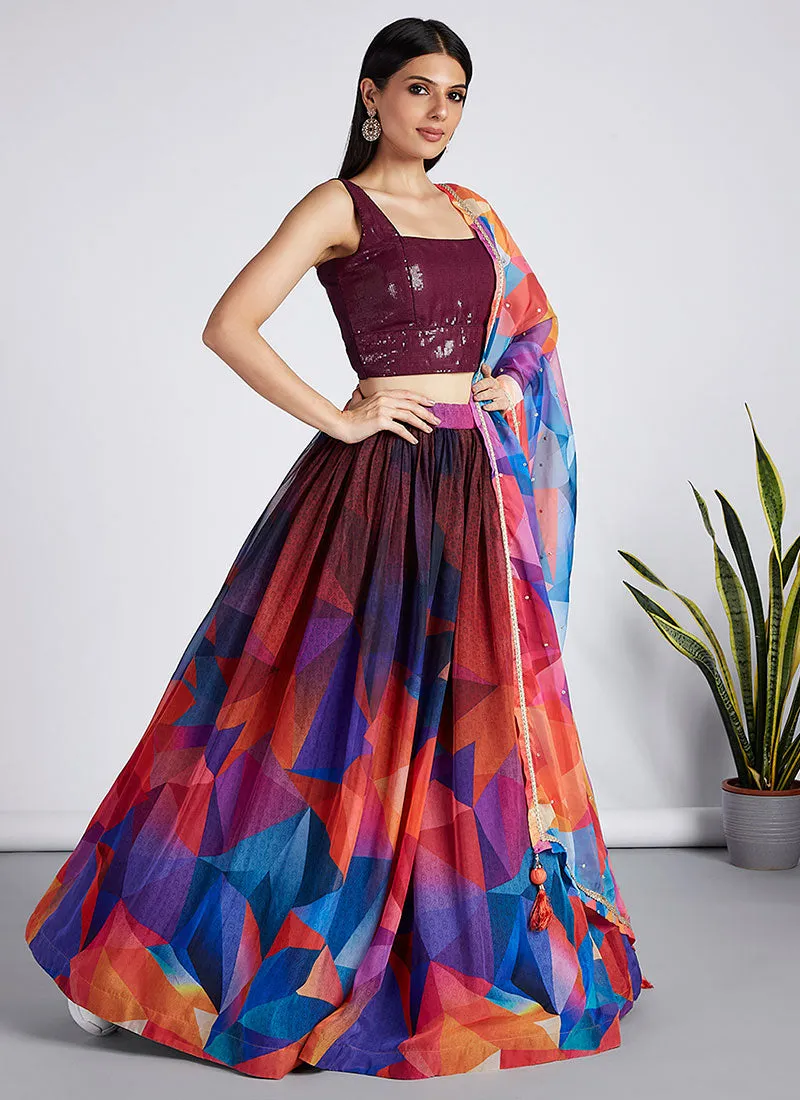 Maroon Sequence Embroidery Printed Lehenga Choli And Dupatta