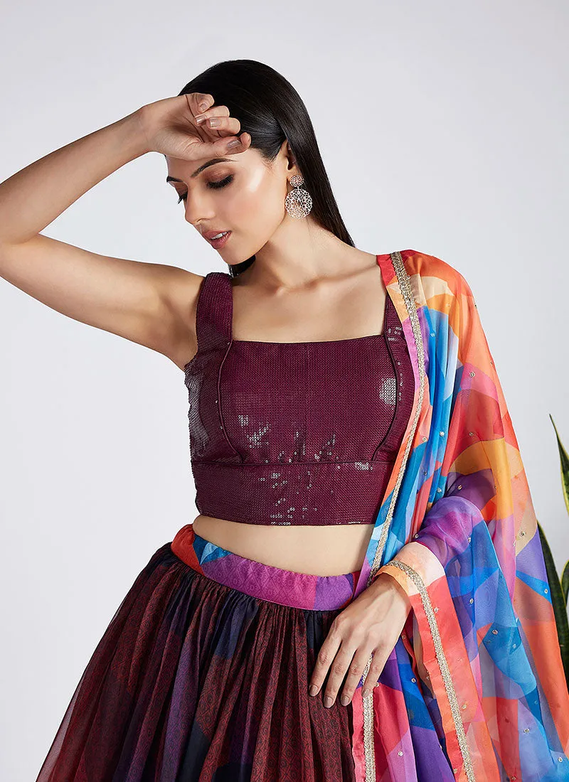 Maroon Sequence Embroidery Printed Lehenga Choli And Dupatta