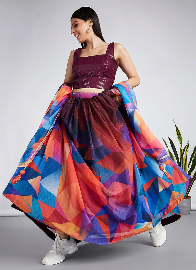 Maroon Sequence Embroidery Printed Lehenga Choli And Dupatta