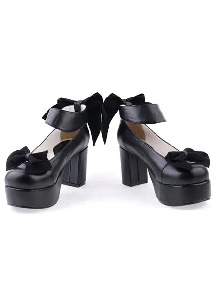Matte Black Lolita Chunky Heels Shoes Platform Bows Ankle Strap