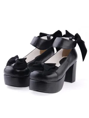 Matte Black Lolita Chunky Heels Shoes Platform Bows Ankle Strap
