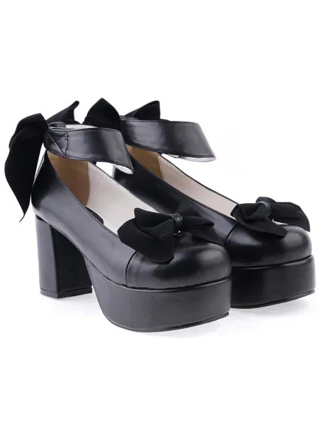 Matte Black Lolita Chunky Heels Shoes Platform Bows Ankle Strap