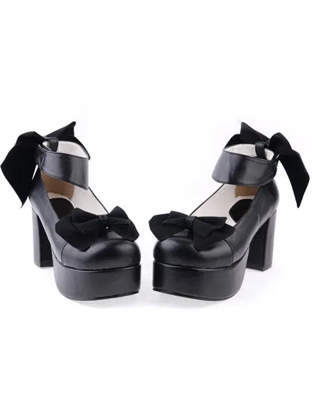 Matte Black Lolita Chunky Heels Shoes Platform Bows Ankle Strap