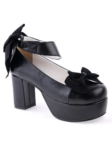 Matte Black Lolita Chunky Heels Shoes Platform Bows Ankle Strap