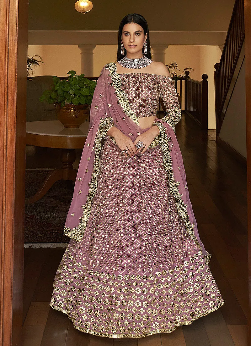 Mauve Foil Mirror Embroidered Indian Wedding Lehenga