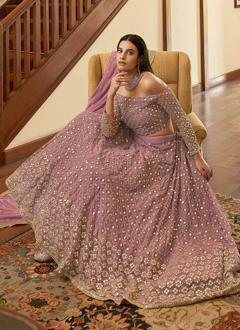 Mauve Foil Mirror Embroidered Indian Wedding Lehenga