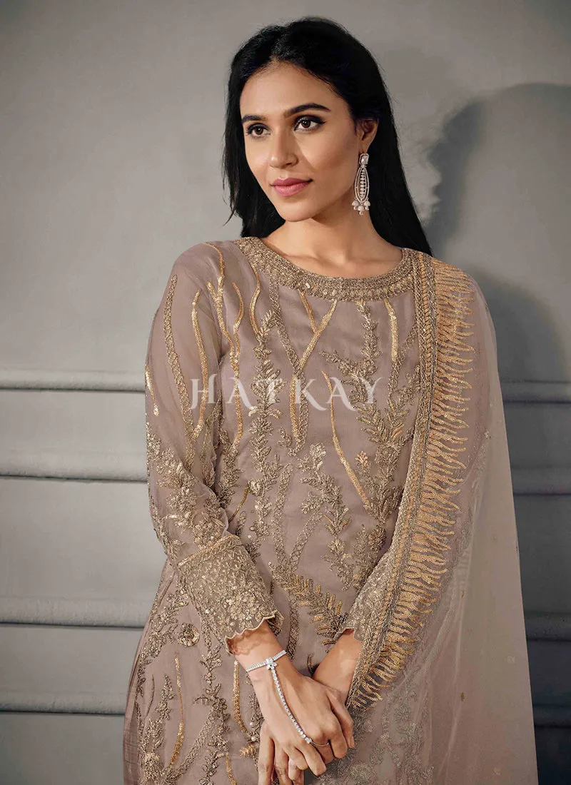 Mauve Golden Embroidered Pant Suit