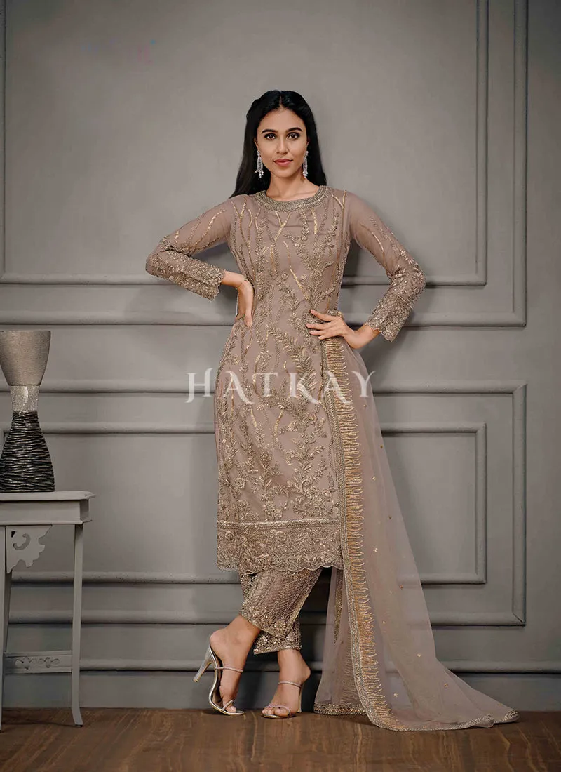 Mauve Golden Embroidered Pant Suit