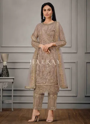 Mauve Golden Embroidered Pant Suit