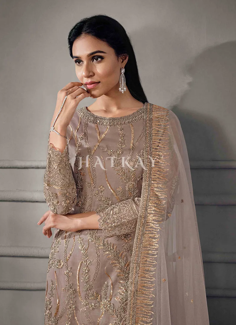 Mauve Golden Embroidered Pant Suit
