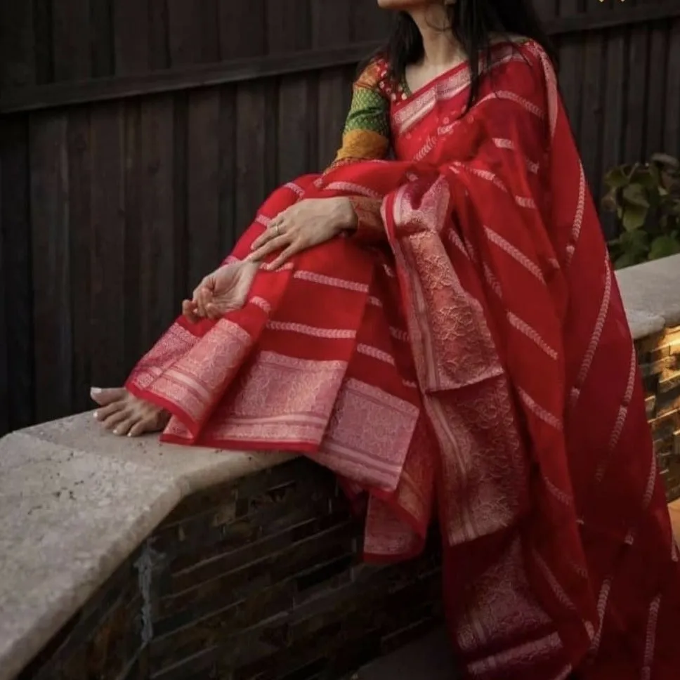Mehroon Red Festive Elegant Banarasi Kora Silk Saree