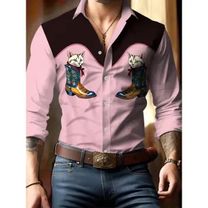 Men's Cat Retro Western Contrast Print Long Sleeve Shirt