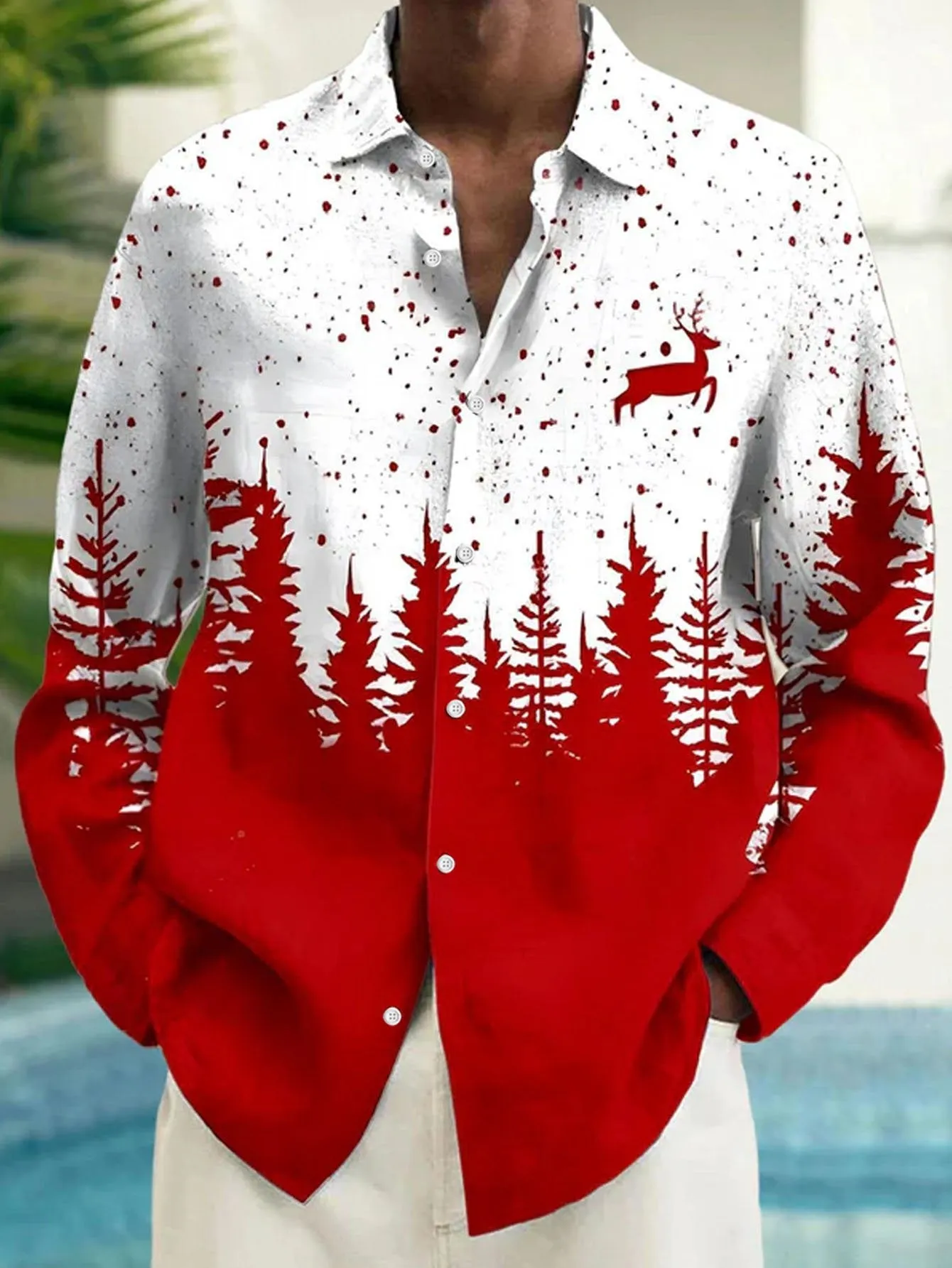 Men's Christmas Print Button Long Sleeve Shirt