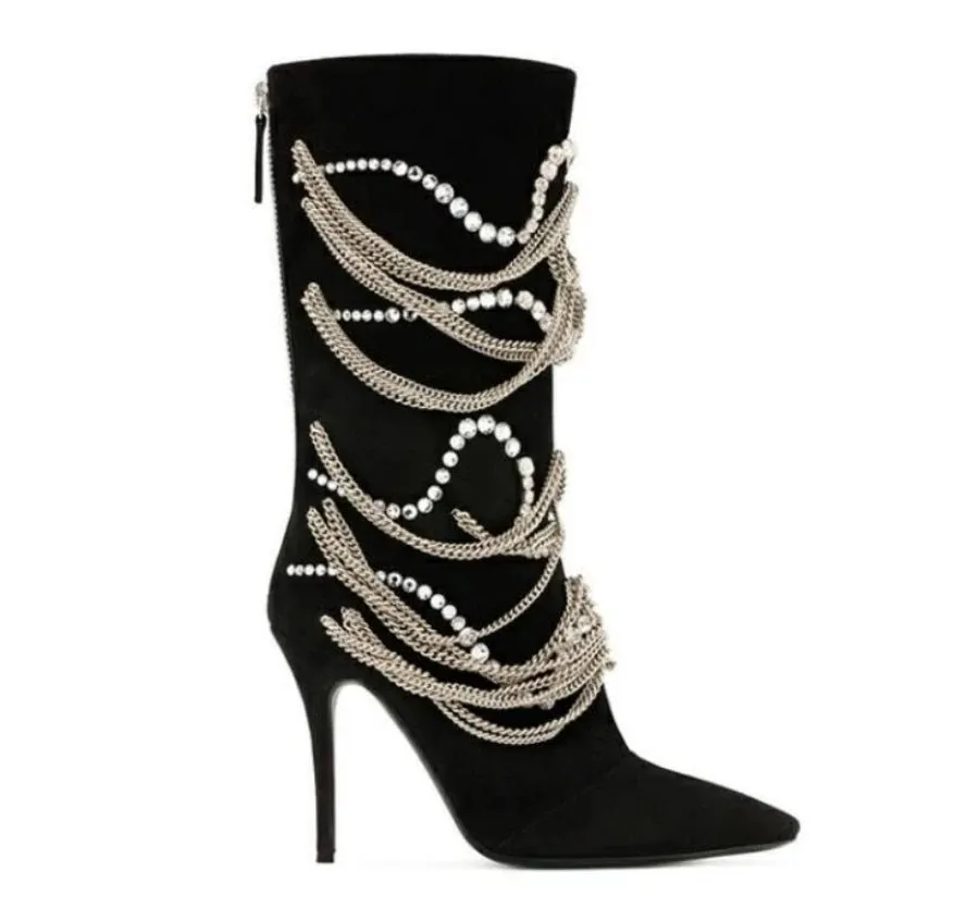 Metallic Chains Crystal Stiletto Heels Knee High Boots Women Party Shoes