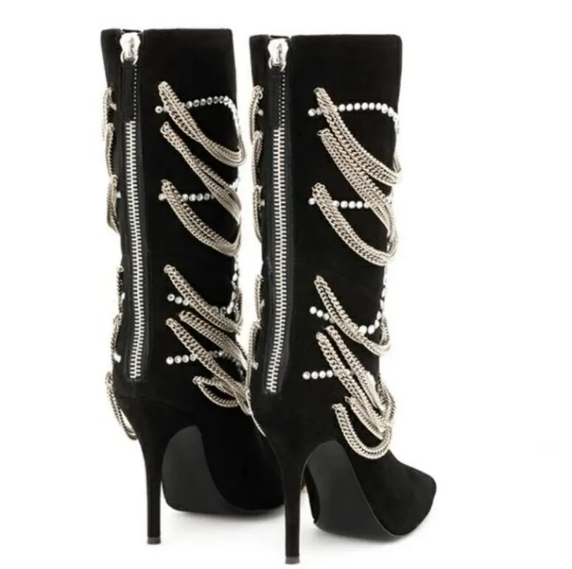 Metallic Chains Crystal Stiletto Heels Knee High Boots Women Party Shoes