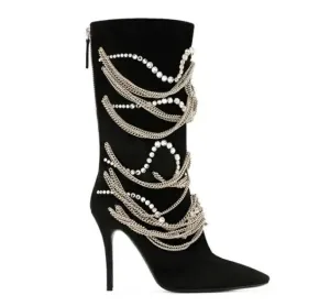 Metallic Chains Crystal Stiletto Heels Knee High Boots Women Party Shoes