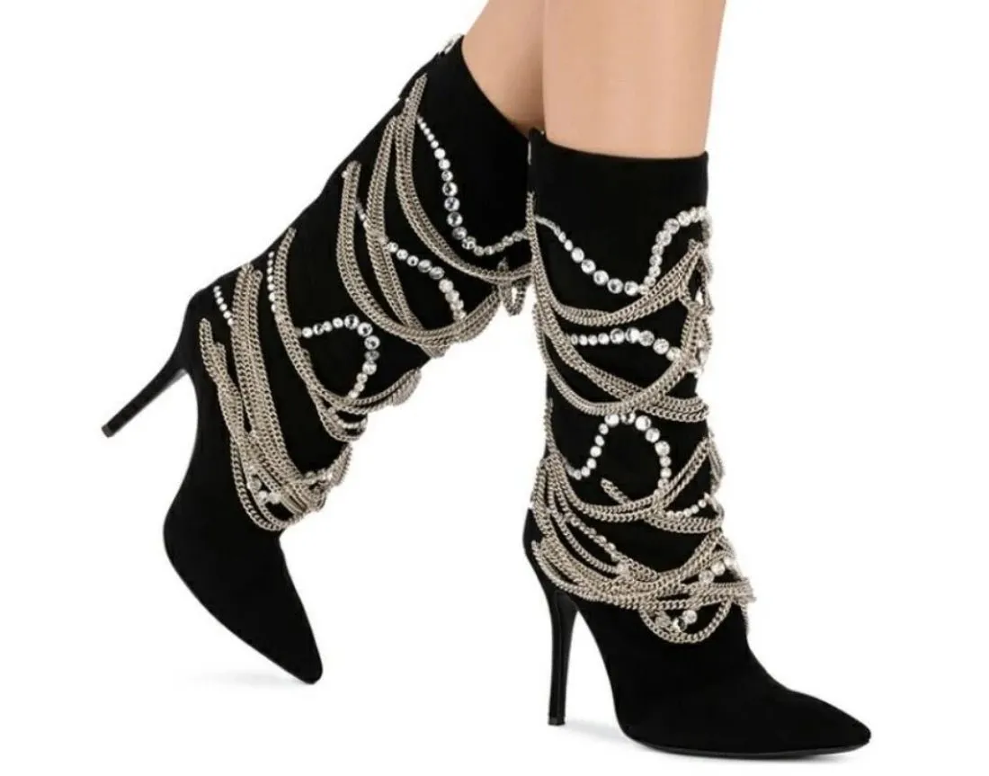 Metallic Chains Crystal Stiletto Heels Knee High Boots Women Party Shoes