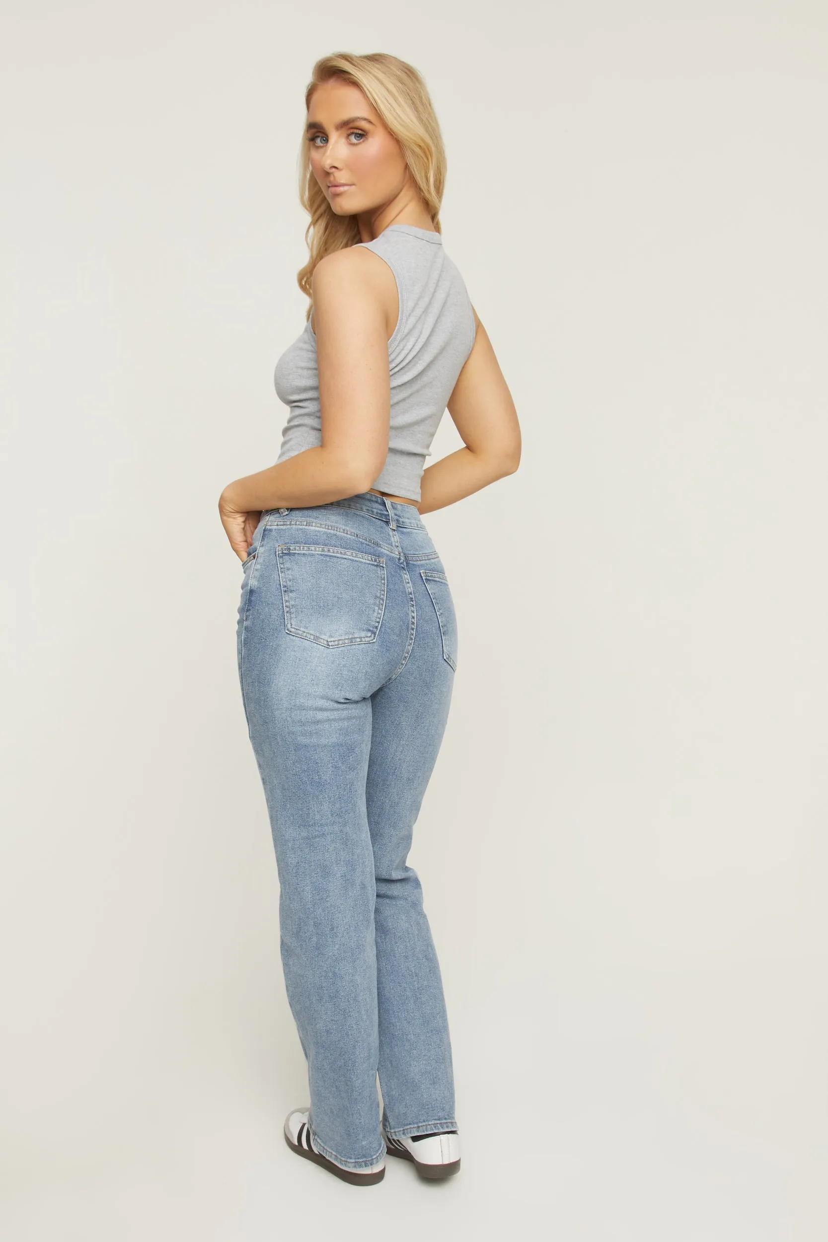 Mid Blue Washed Stretch Straight Leg Jeans - Scarlett
