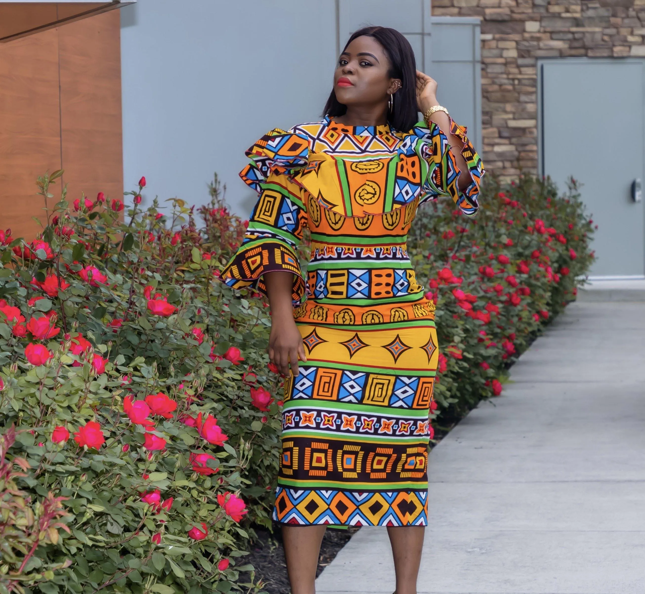 Multi Color Ruffle Print High Neck With Flare Sleeve
