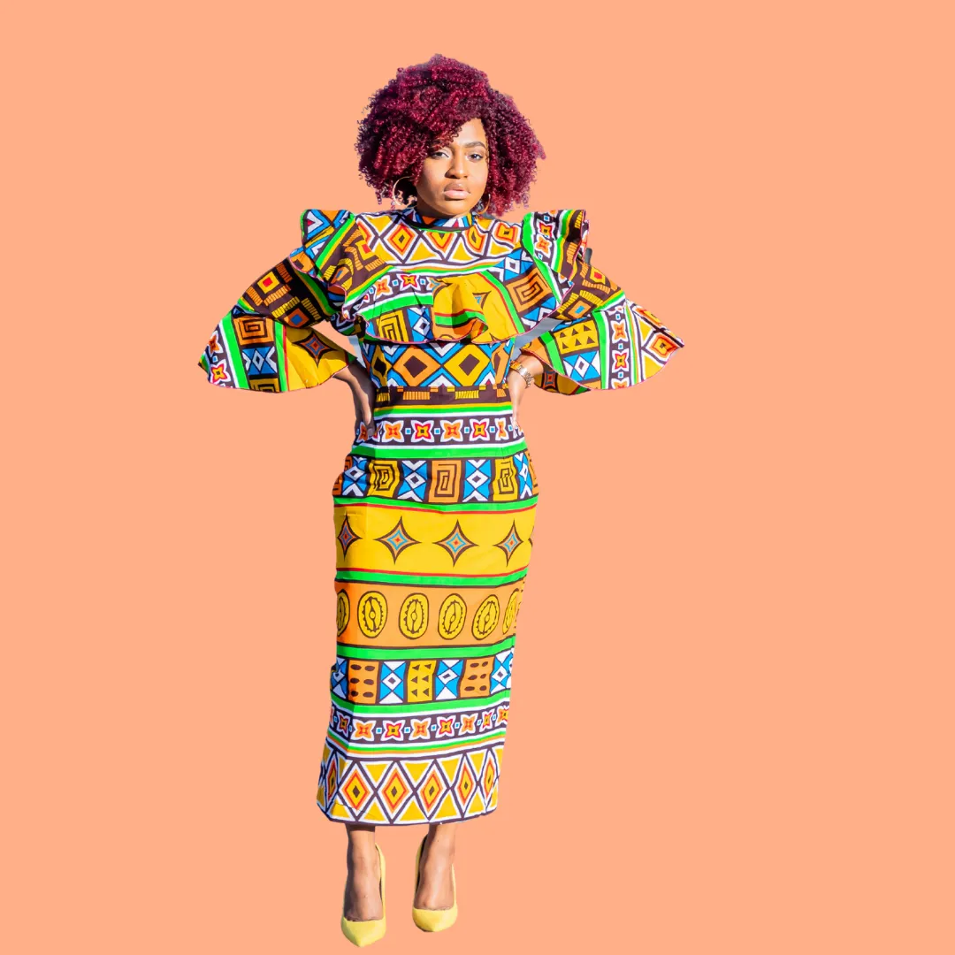 Multi Color Ruffle Print High Neck With Flare Sleeve