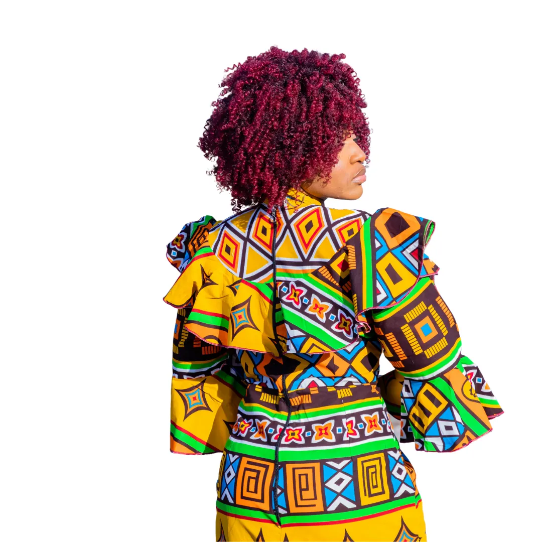 Multi Color Ruffle Print High Neck With Flare Sleeve