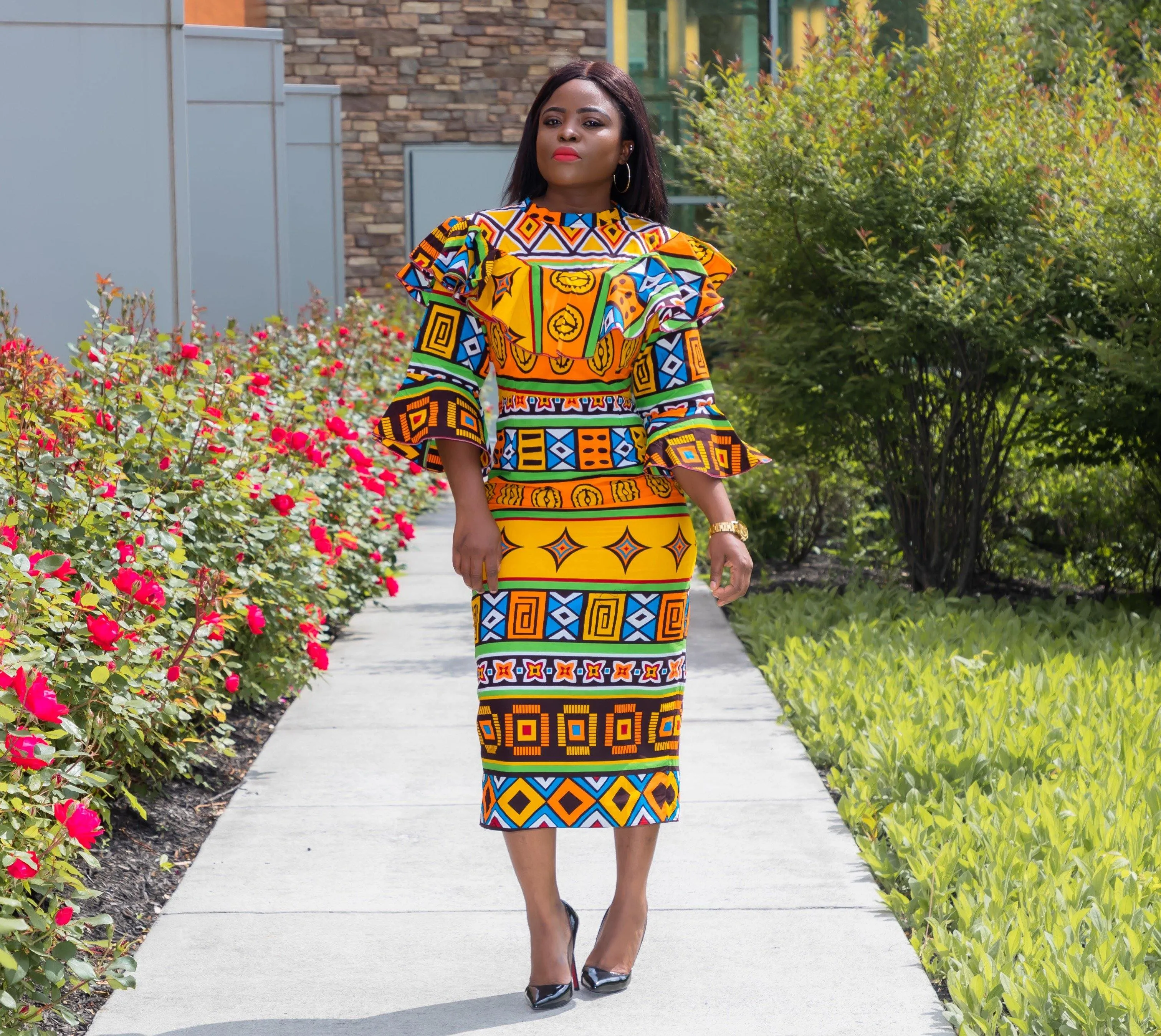 Multi Color Ruffle Print High Neck With Flare Sleeve