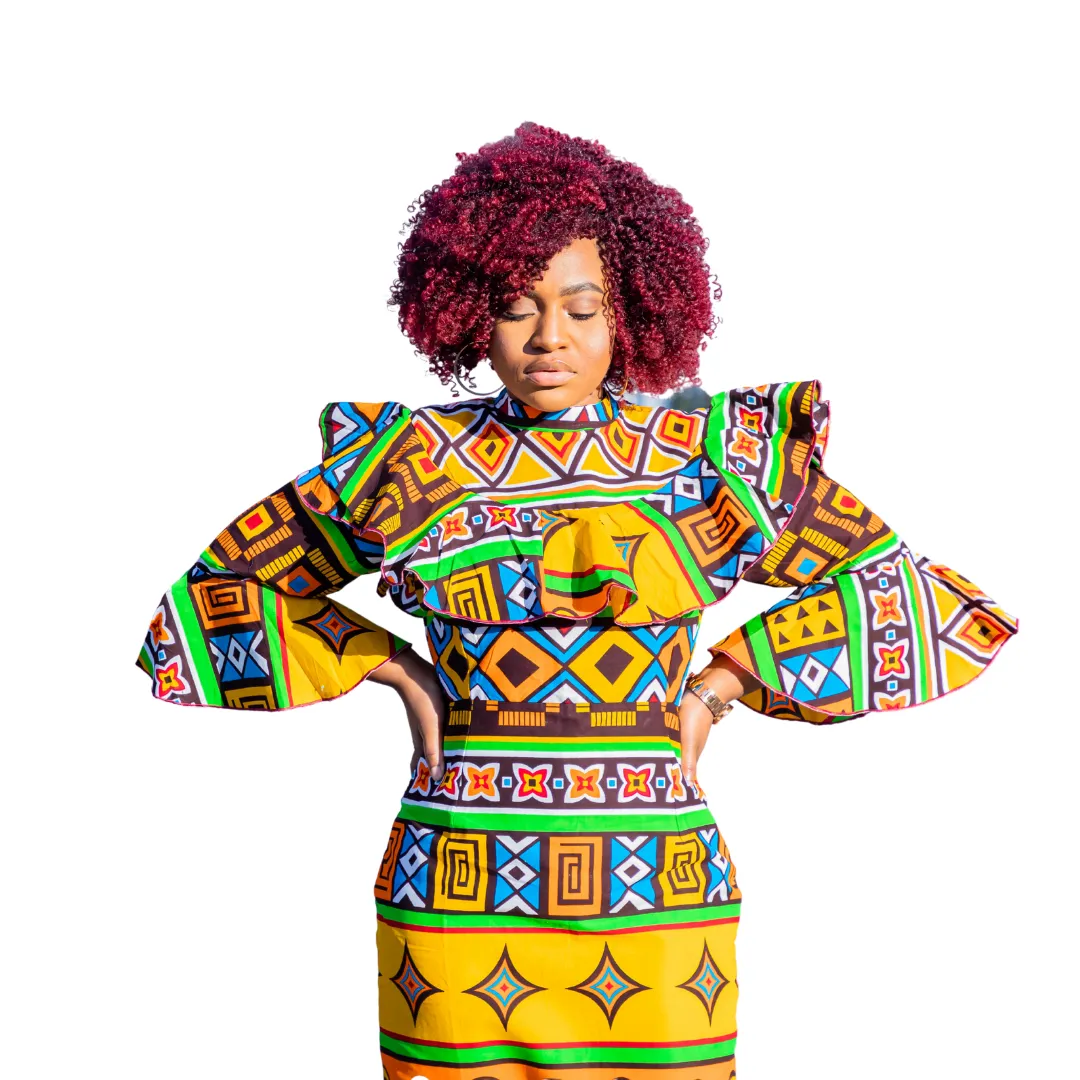 Multi Color Ruffle Print High Neck With Flare Sleeve