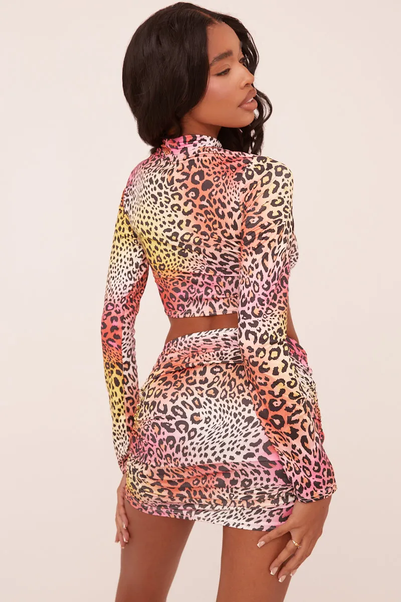 Multi Leopard Print High Neck Crop Top & Mini Skirt Co-ord Set - Denna